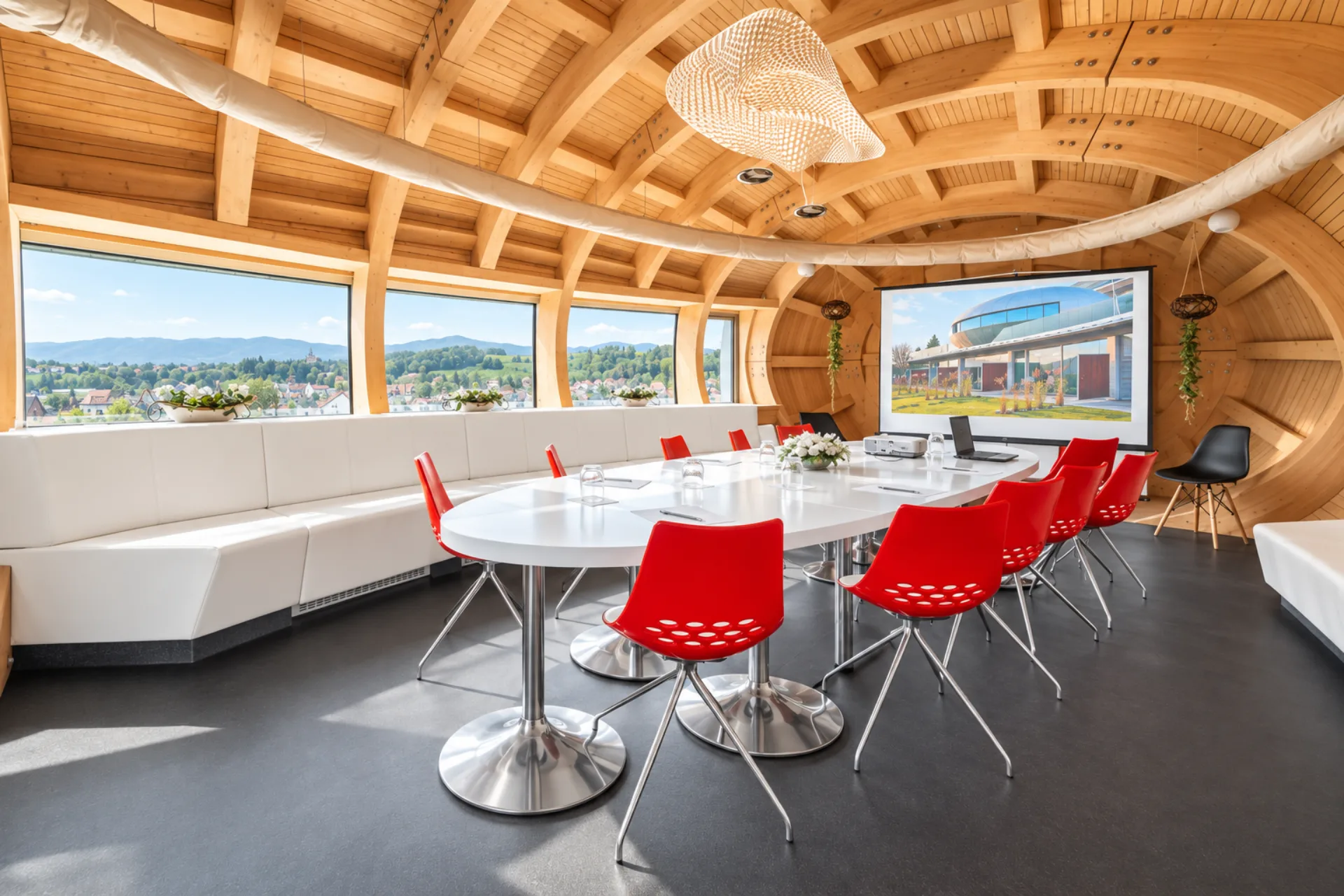 Designová konferenční místnost Hotelu Antonie s dřevěným interiérem, panoramatickými okny a výhledem na Jizerské hory.