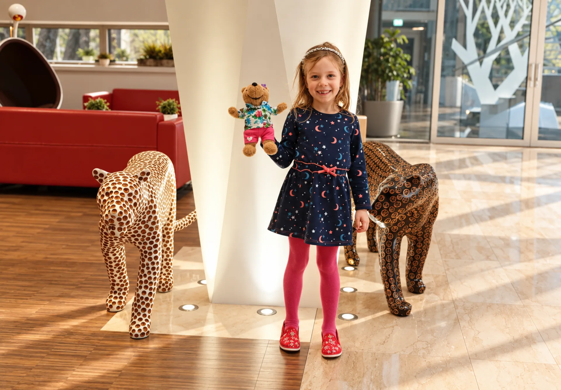 Usměvavé dítě s plyšovým medvídkem v lobby Hotelu Antonie ve Frýdlantu mezi dekorativními sochami leopardů.