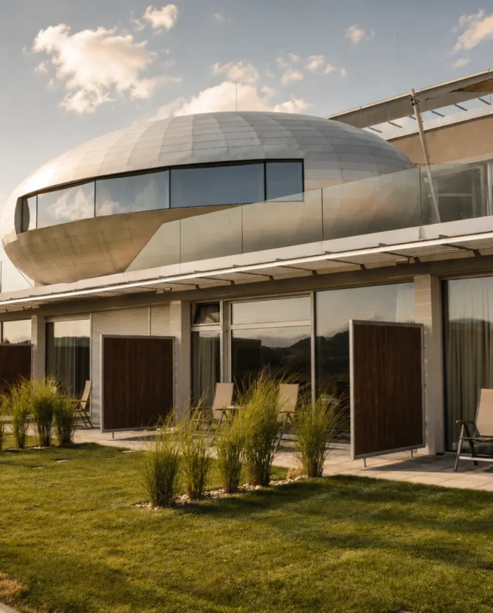 Moderní architektura Antonie Hotelu s pokoji a výhledem do zahrady