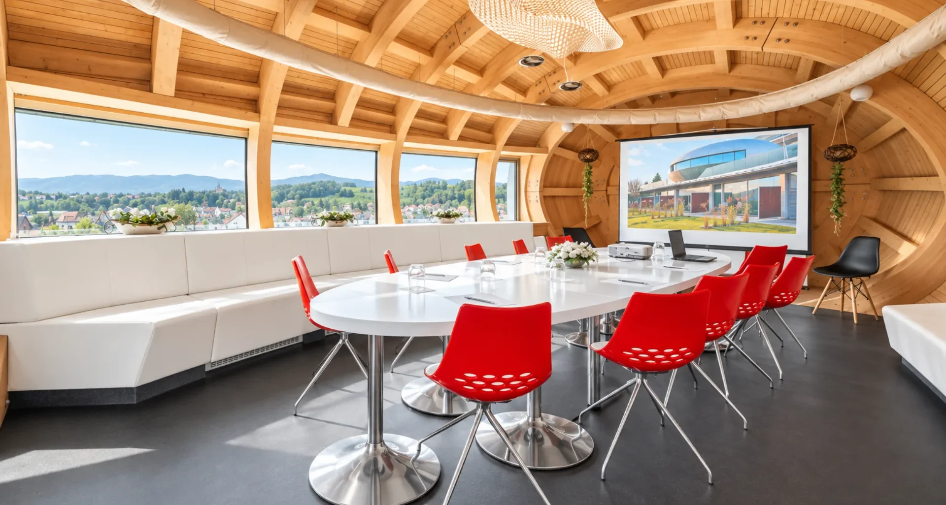 Designová konferenční místnost Hotelu Antonie s dřevěným interiérem, panoramatickými okny a výhledem na Jizerské hory.